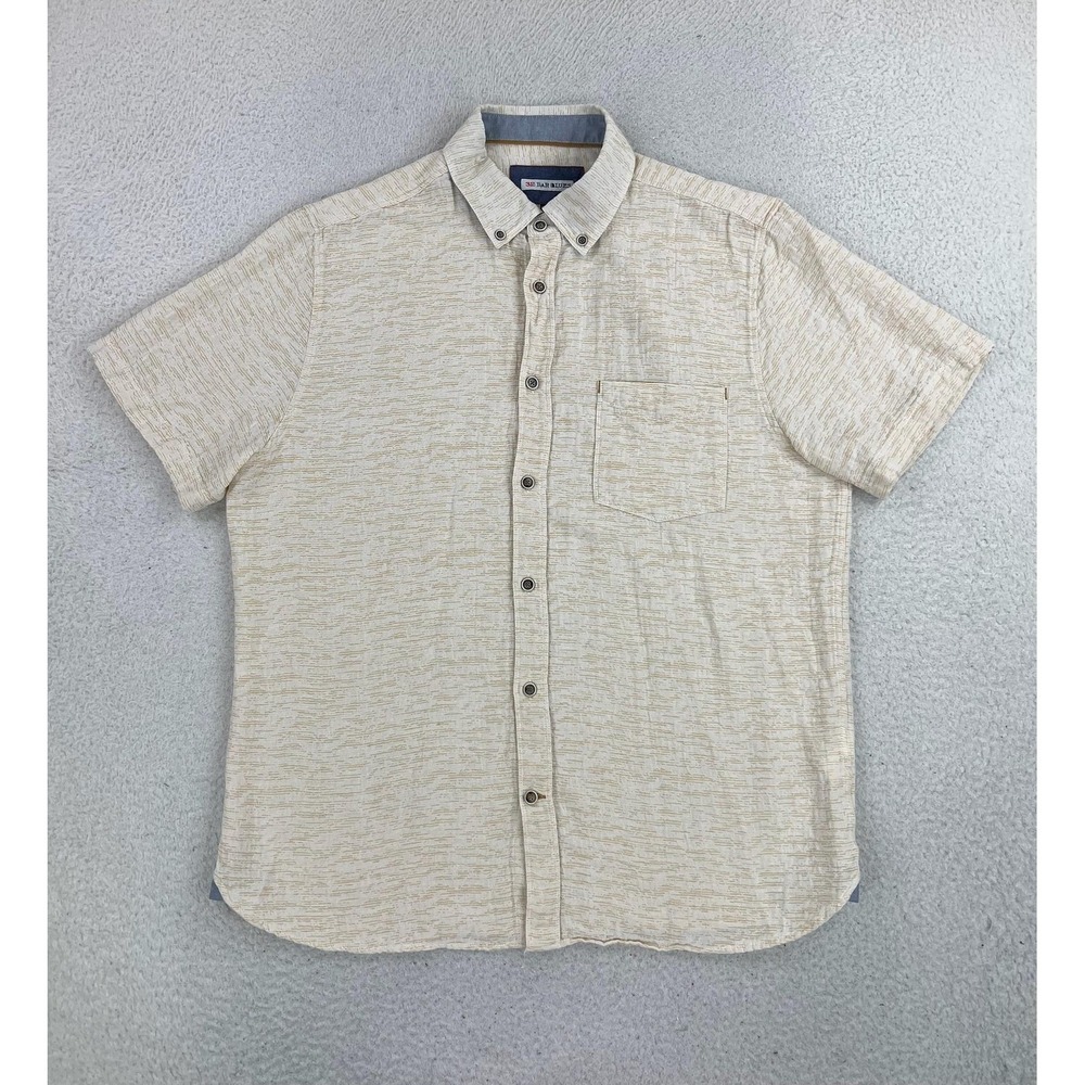 32 Bar Blues Shirt Mens Large Beige Stripe Short Sleeve Linen Button Up Casual